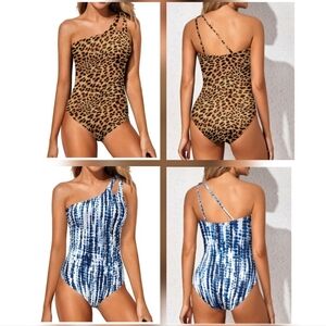 One Shoulder Swimsuit Tummy Control Bathing Suit Leopard or Blue Tie-dye Large